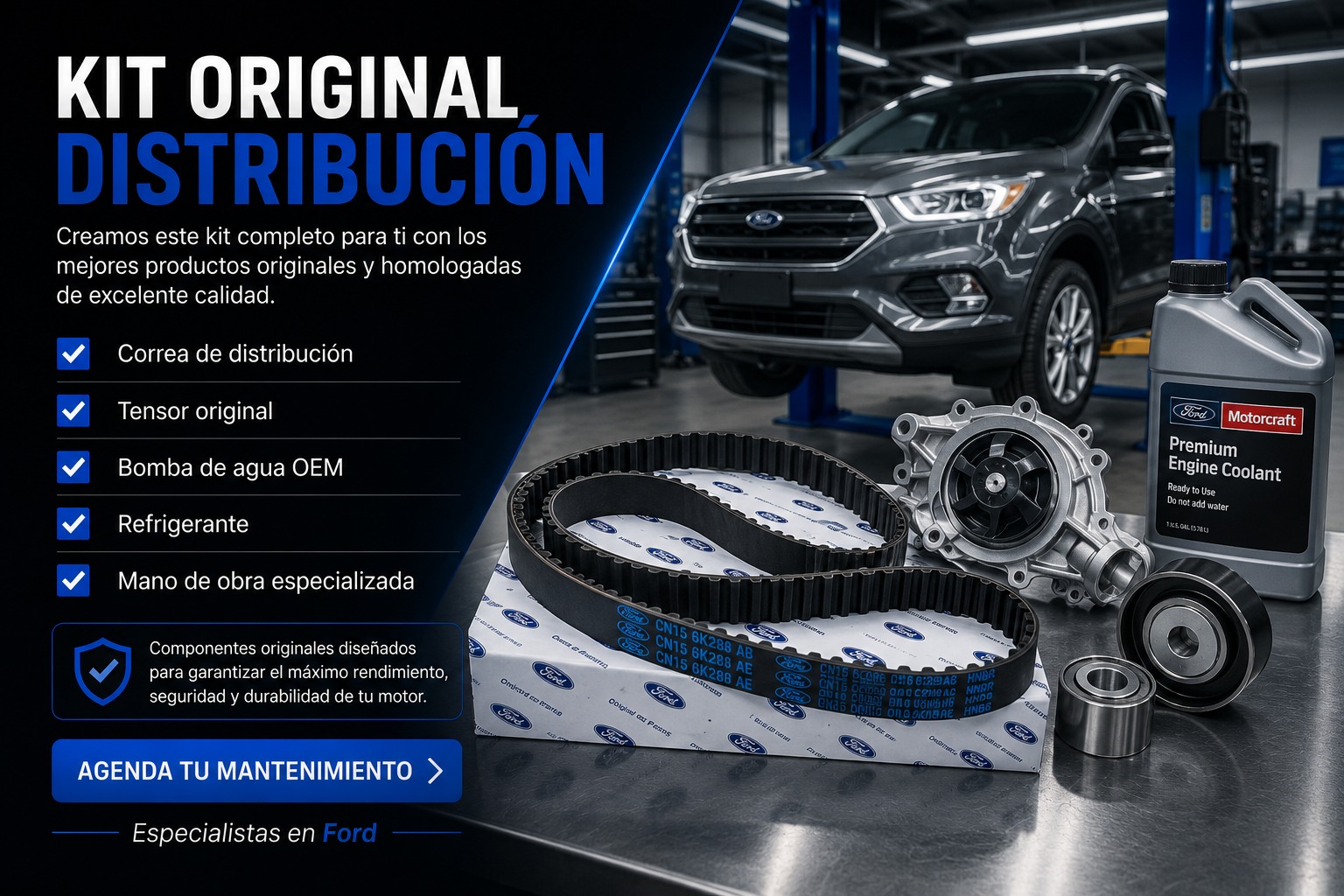 Kit original de distribución: correa, tensor, bomba de agua OEM, refrigerante y mano de obra especializada