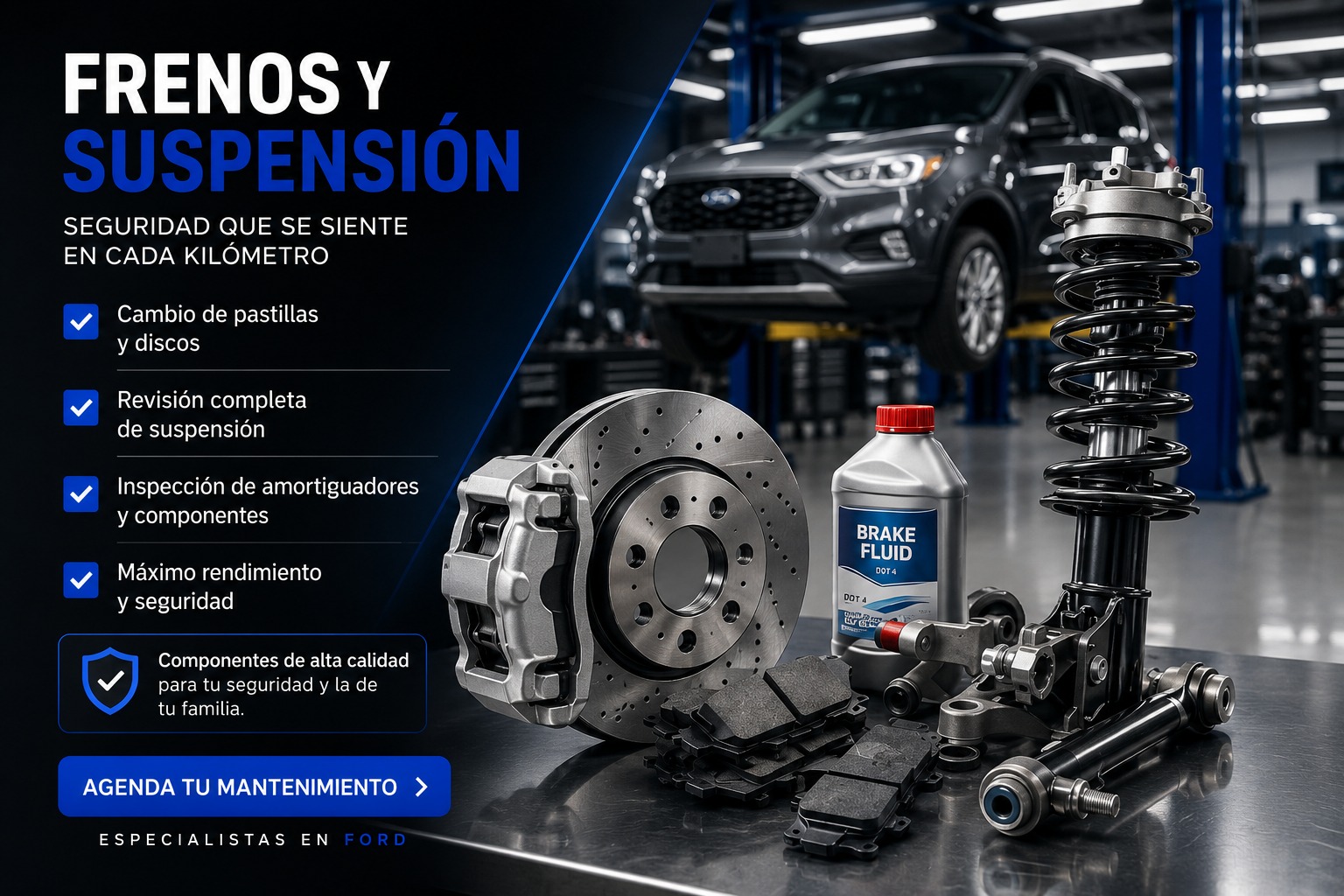 Frenos y suspensión: cambio de pastillas y discos, revisión de suspensión y amortiguadores